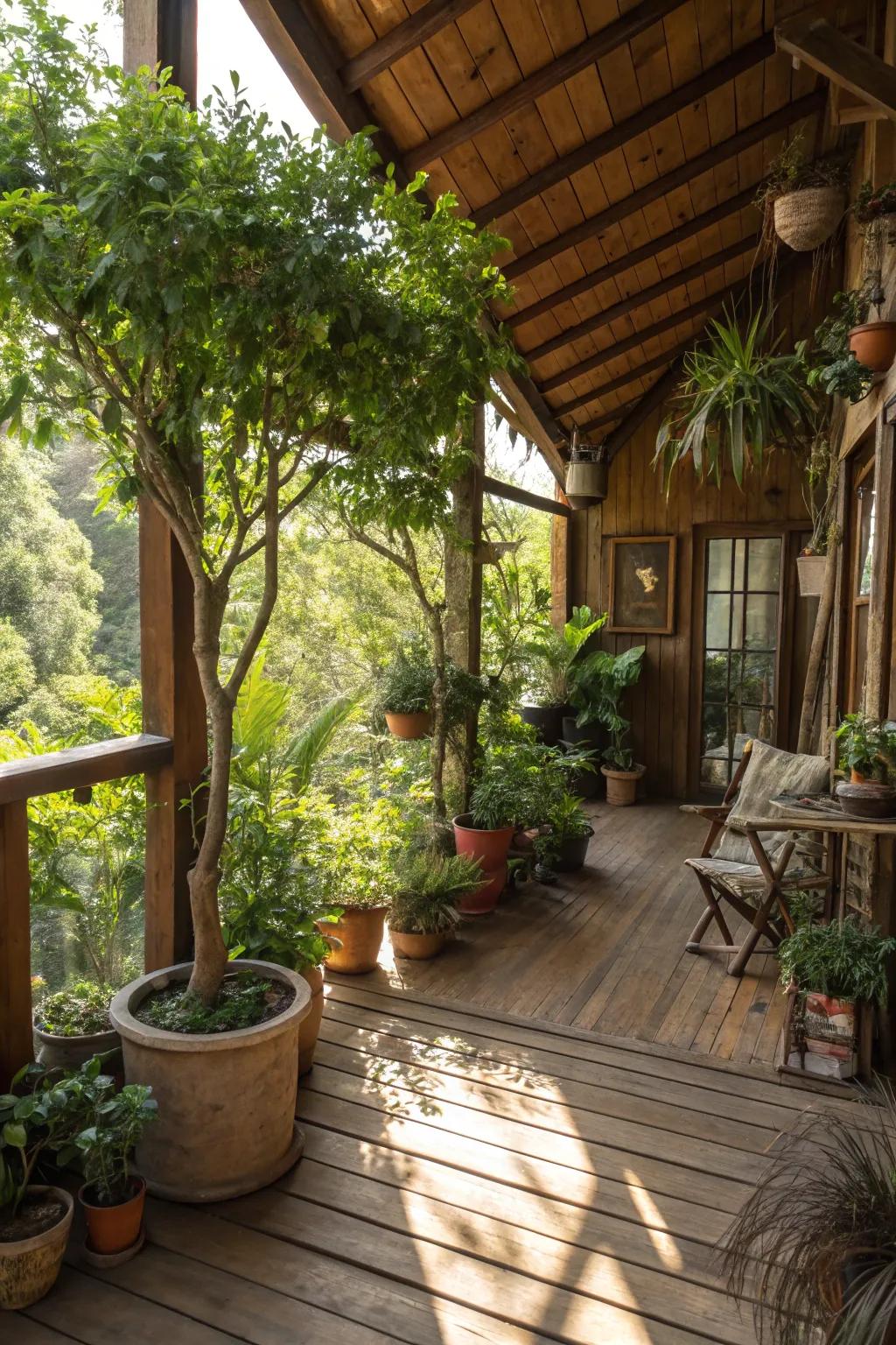 A natural touch inside a treehouse, with potted plants and small trees enhancing the interior.