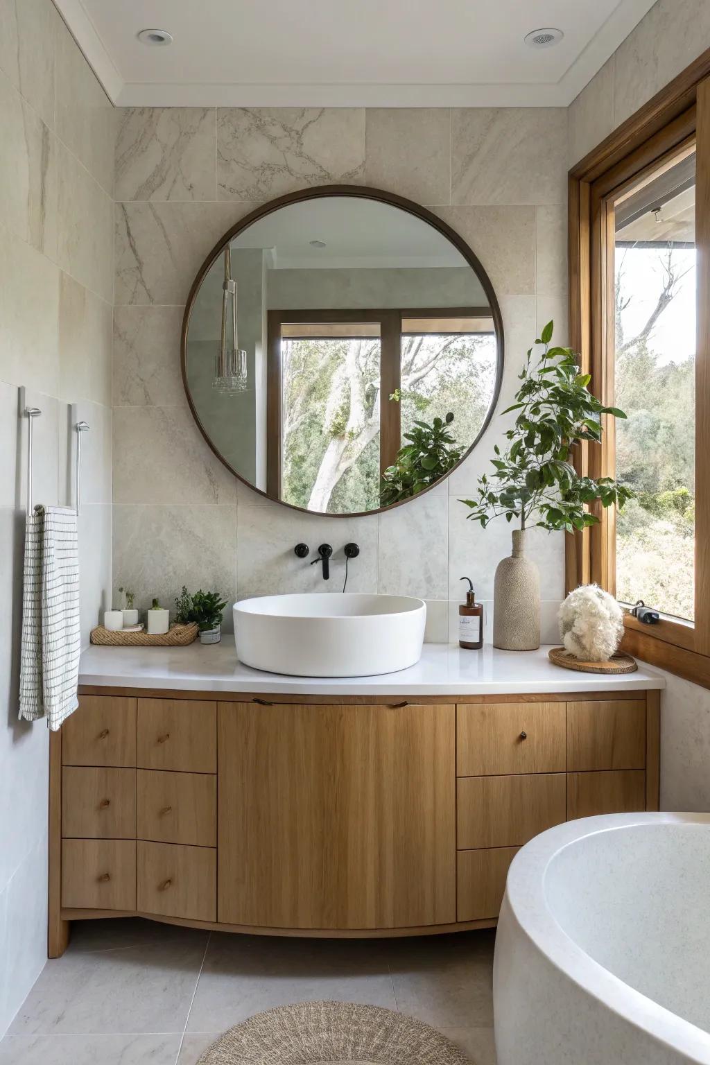 A modern bathroom featuring a circular vanity for a gentle and welcoming aesthetic.