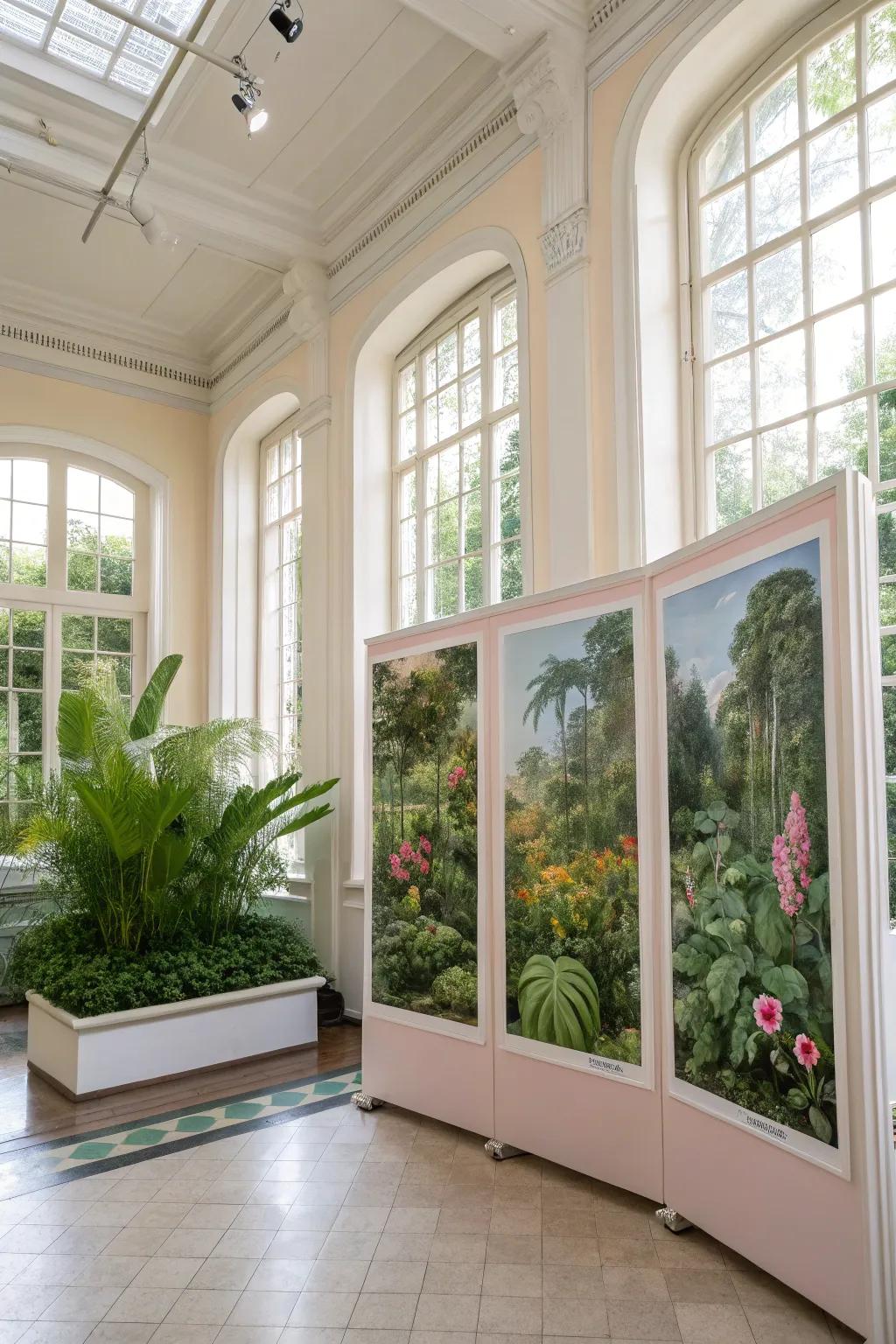 Lush greenery in a botanical triptych enhances interior spaces.