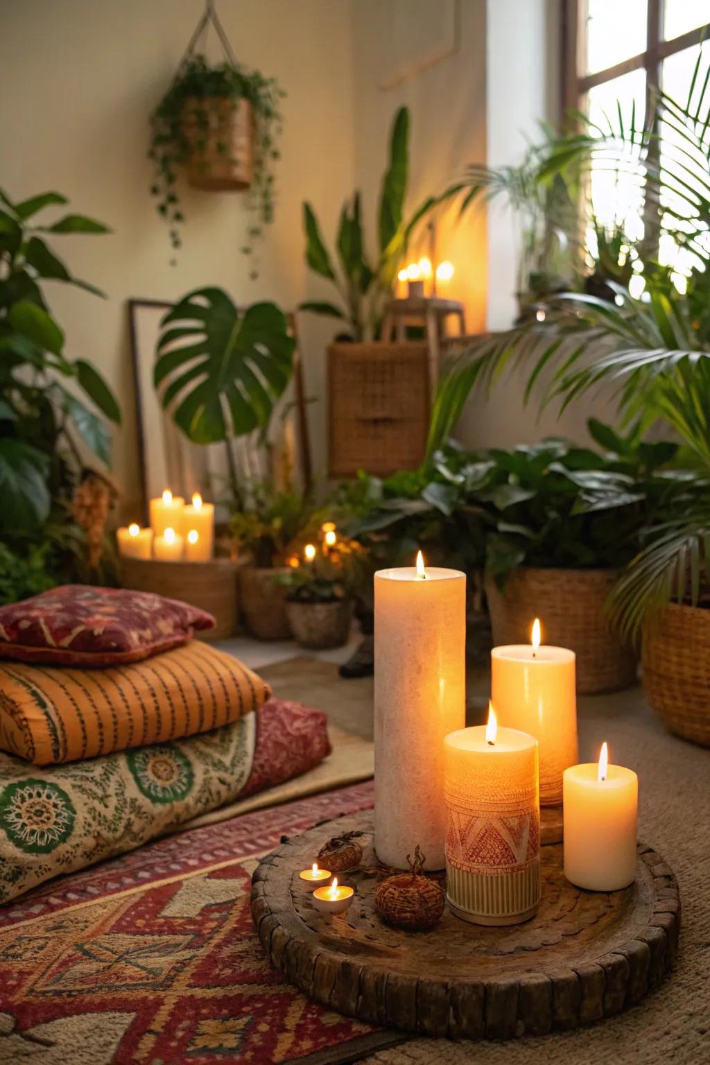 Aromatic candles enhance the atmosphere.
