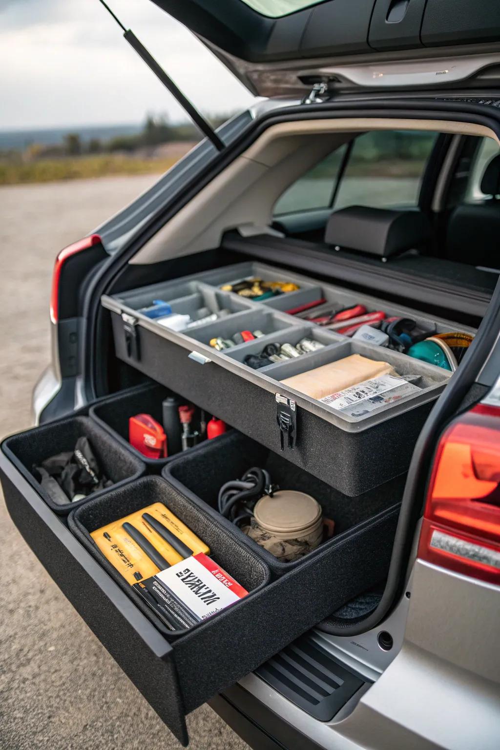 Sectional drawer units for arranging small items in the trunk.