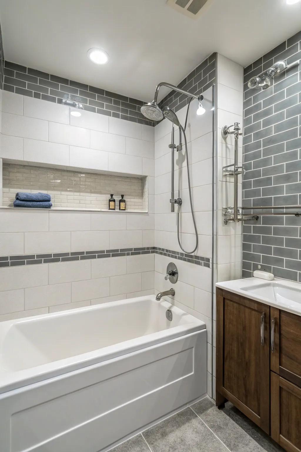 Double showerheads add a lavish touch to this combined tub and shower.
