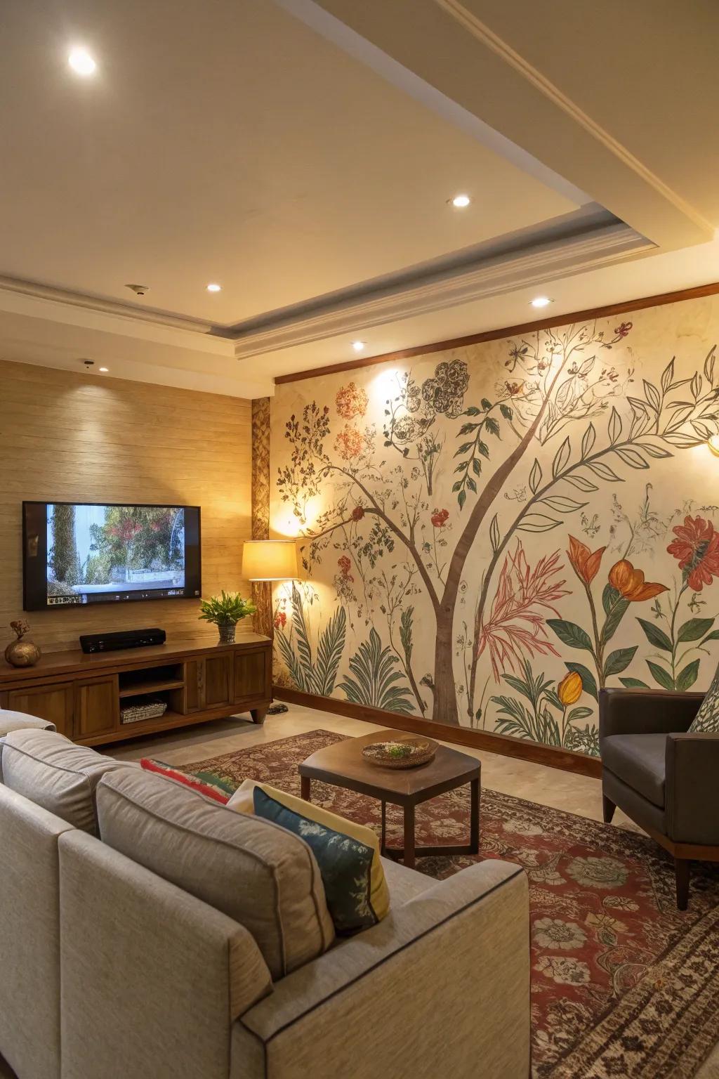 An artistic wall-art integrates the TV into the room's creative design.