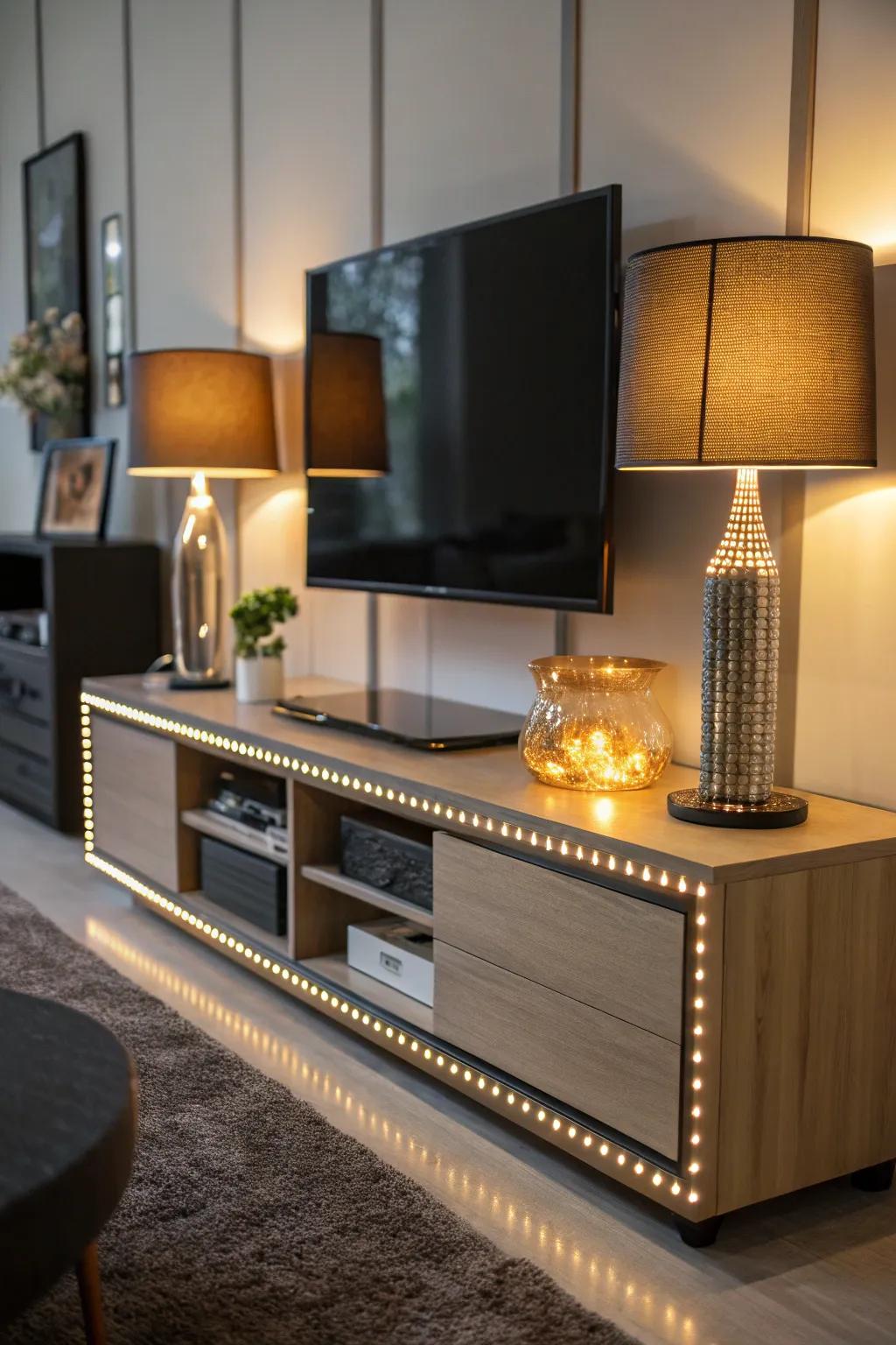 Thoughtful lighting enhancing a TV stand setup.