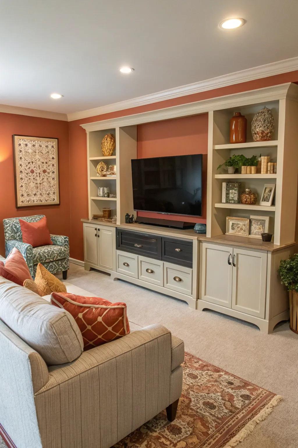 A harmonious living room featuring color-coordinated elements.