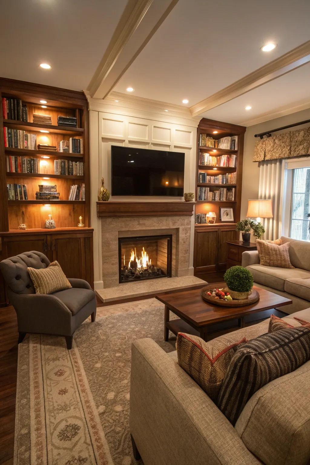 A hearth adds warmth and a focal point to any TV room.