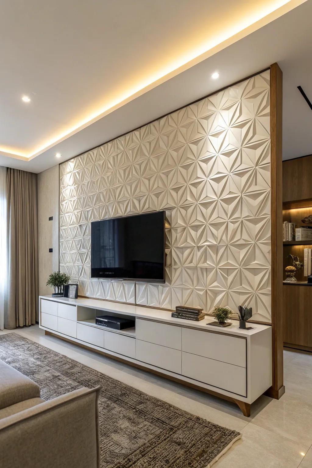 Angular designs impart a modern edge to this TV wall design.