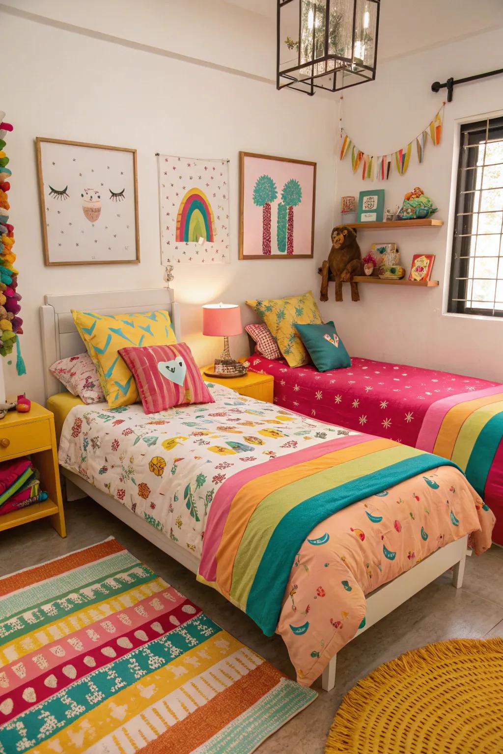 A splash of color adds energy and fun to twin bed arrangements.