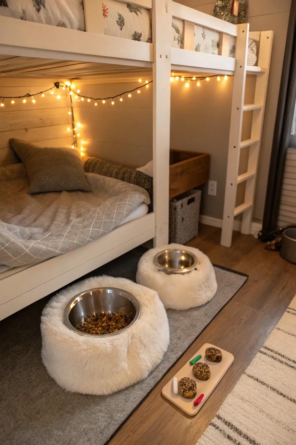 A cozy pet nook beneath the bunk bed.