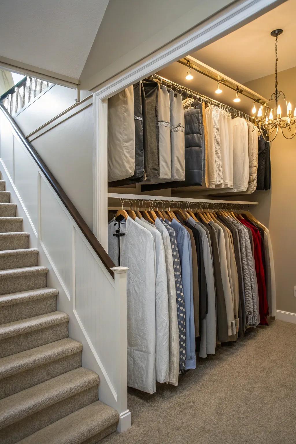 An option for storing seasonal clothing under the staircase makes it easy to get to.