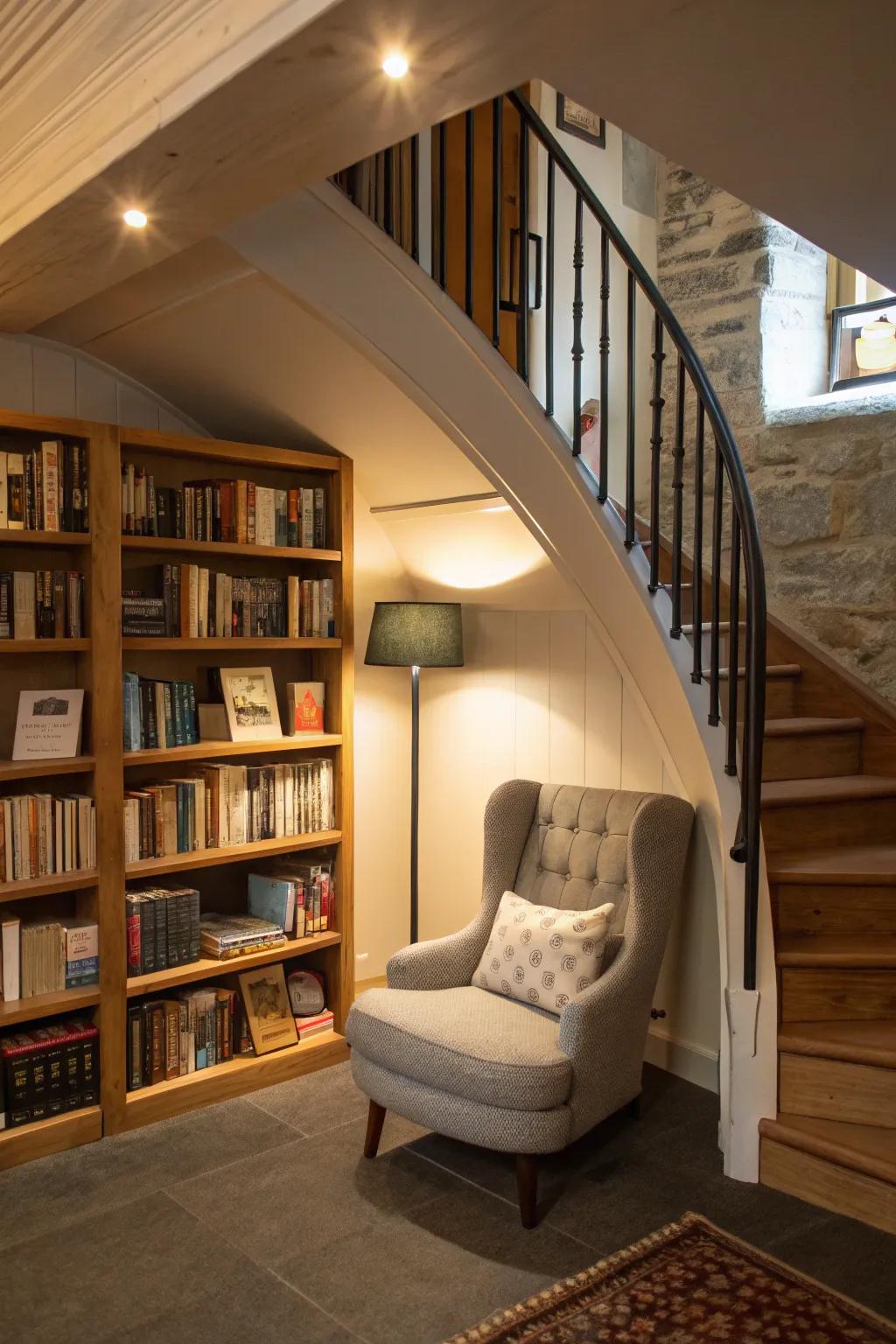 A private library that provides a cozy reading getaway beneath the staircase.