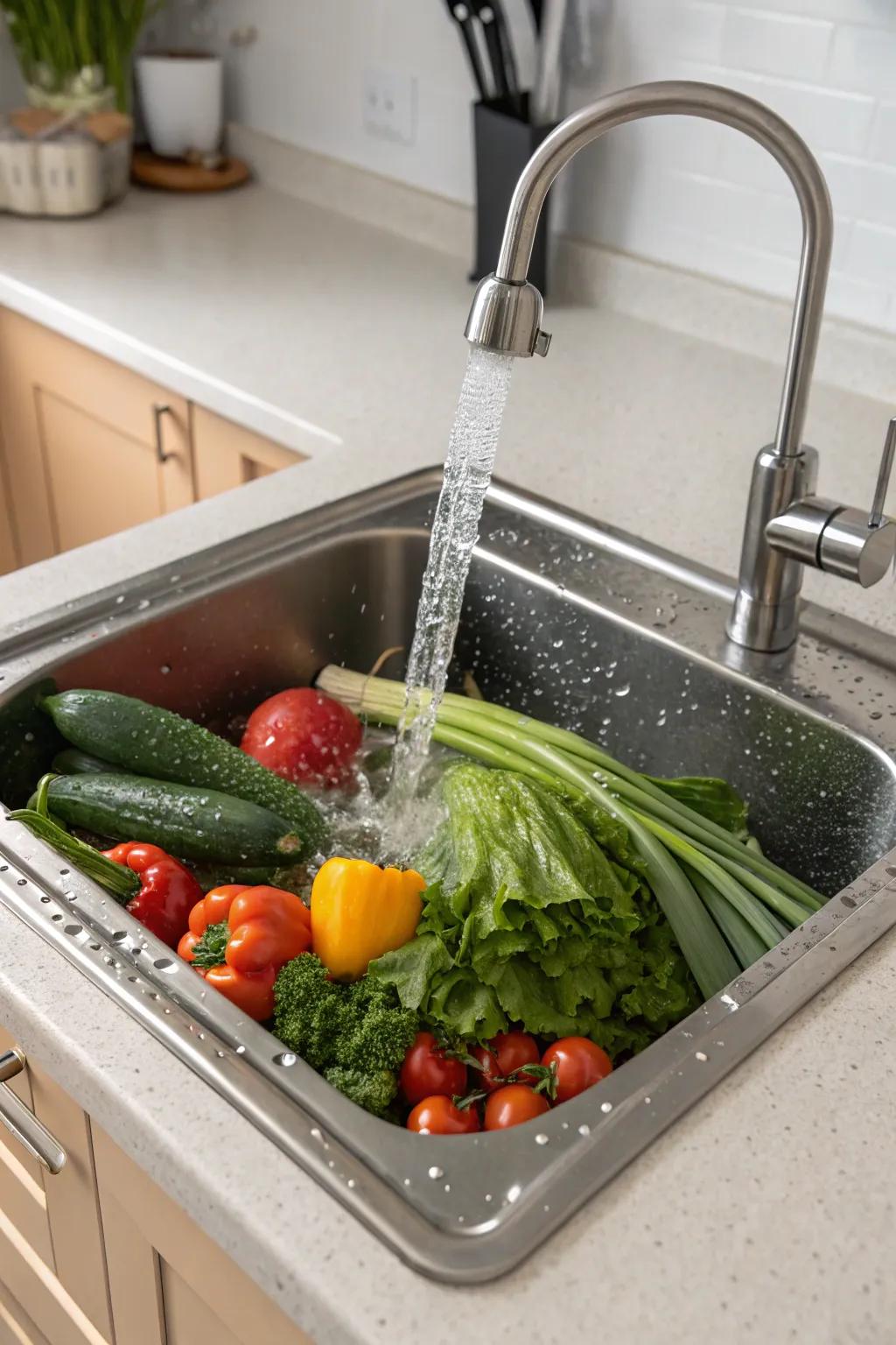An undermount sink featuring an effective sieve for simple rinsing.