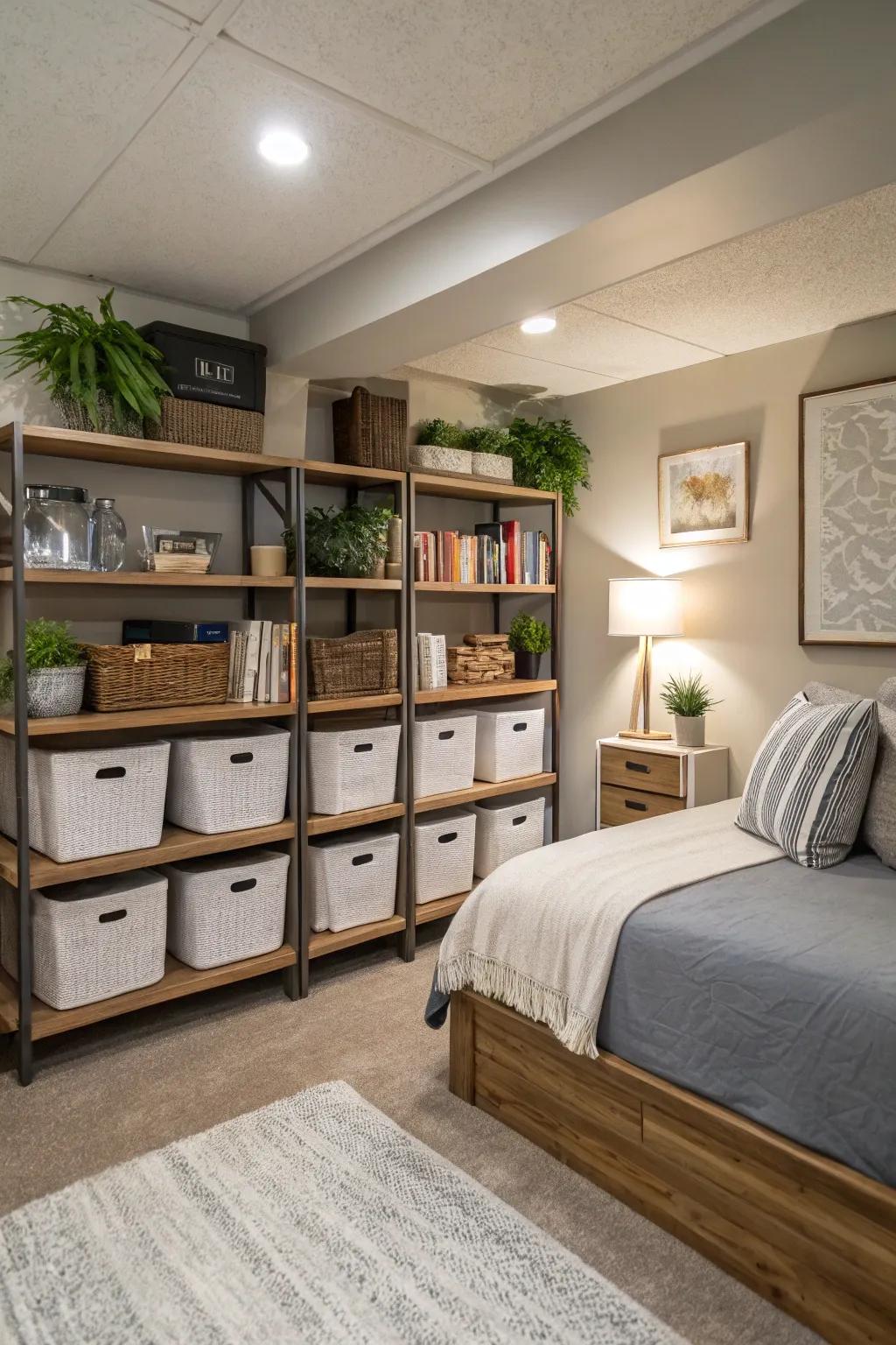 Smart storage solutions can keep your basement bedroom neat and practical.