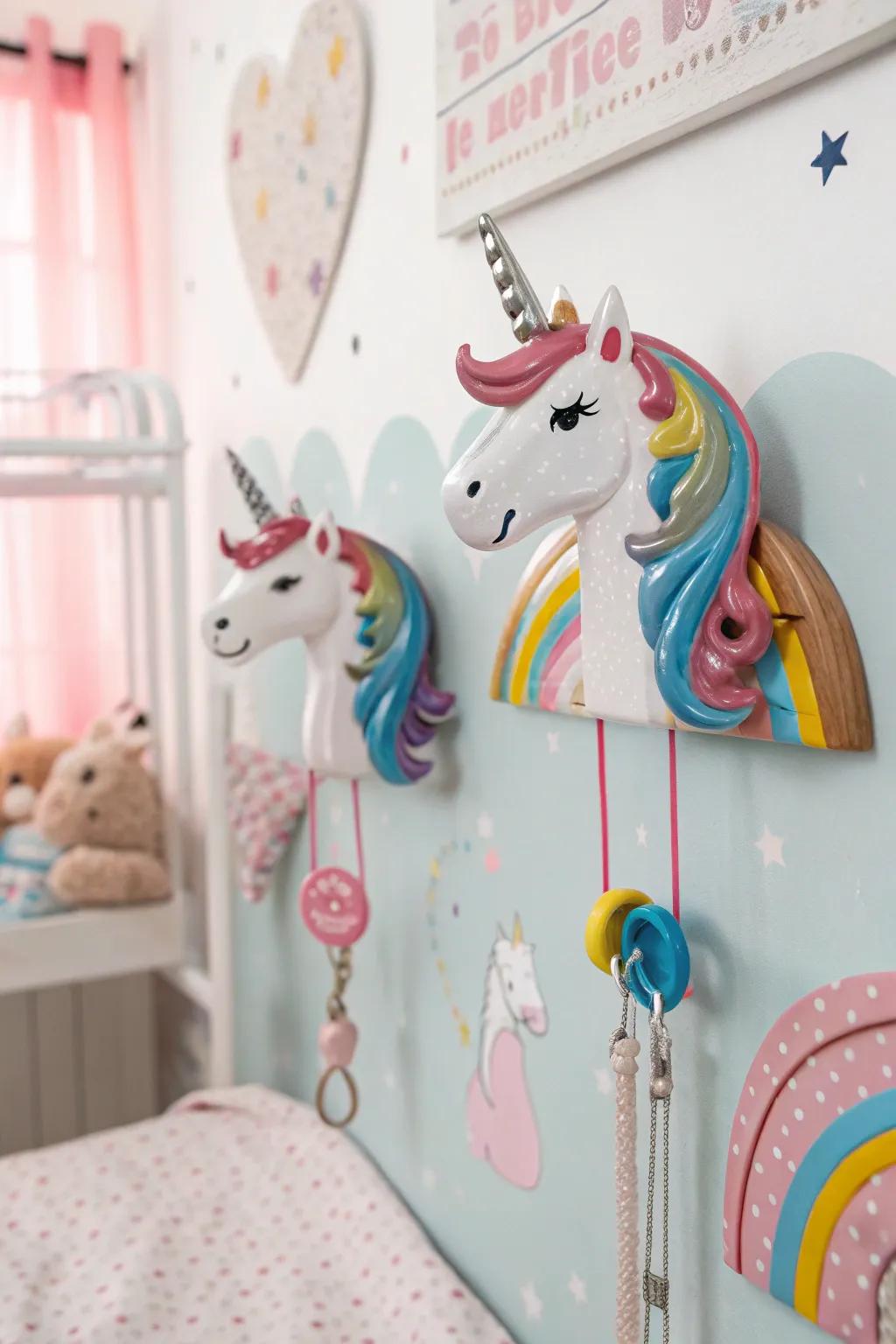 Unicorn wall hangers append useful whimsy to the decor.