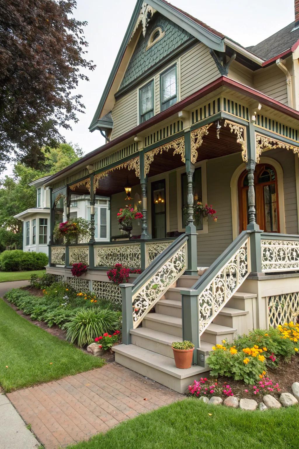 A home showcasing a uniquely designed porch for added curb appeal.