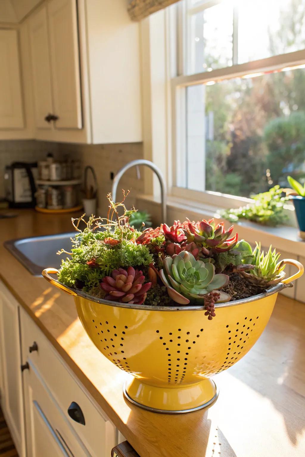 A metal colander evolves into a whimsical succulent vessel, ideal for kitchens.
