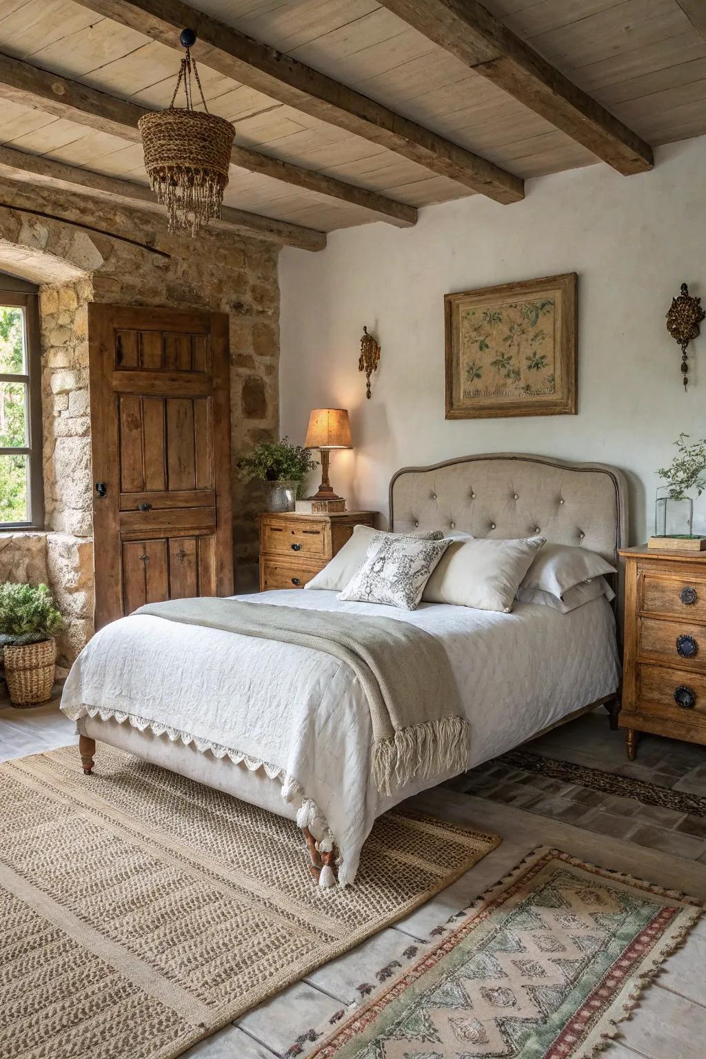 Linen adds rustic charm to this welcoming bedroom scene.