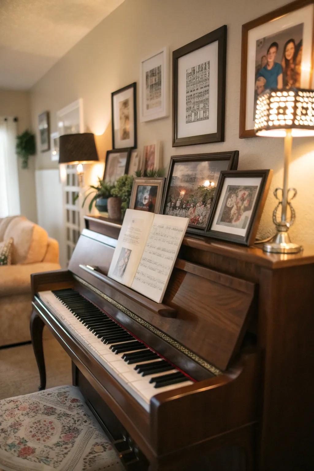 A welcoming home showcasing an upright piano enhanced with personal portraits and inspiring messages.