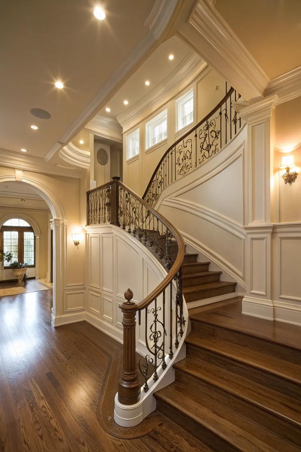 Architectural details add elegance to the upper hallway.