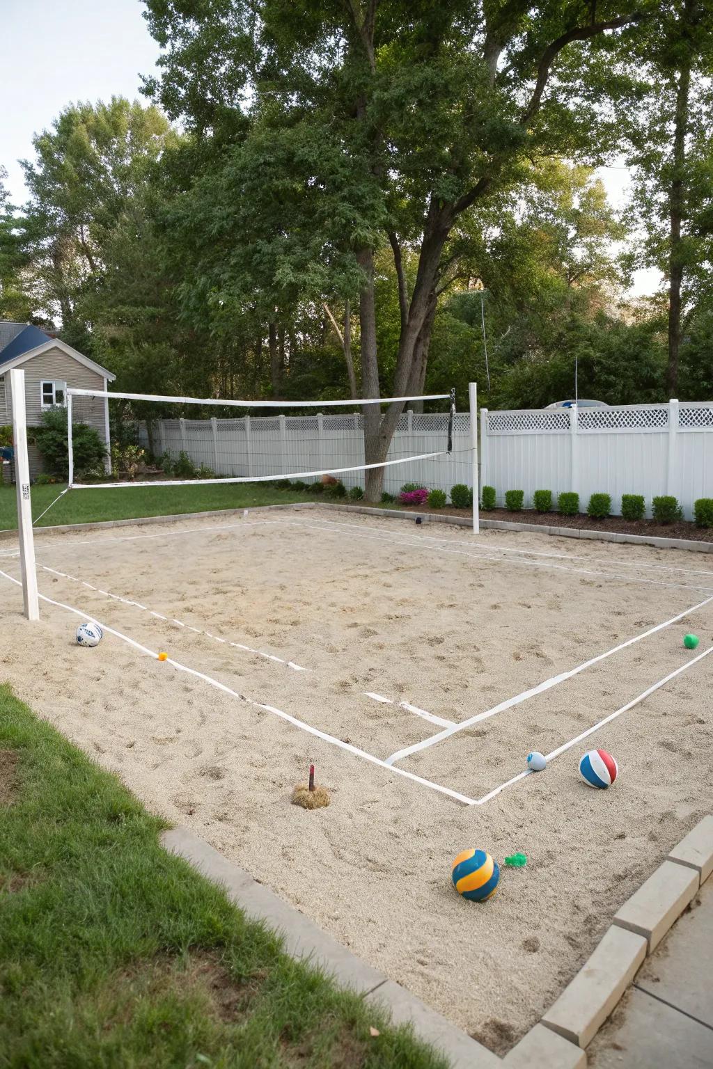 Stay lively using a backyard sand volleyball zone.