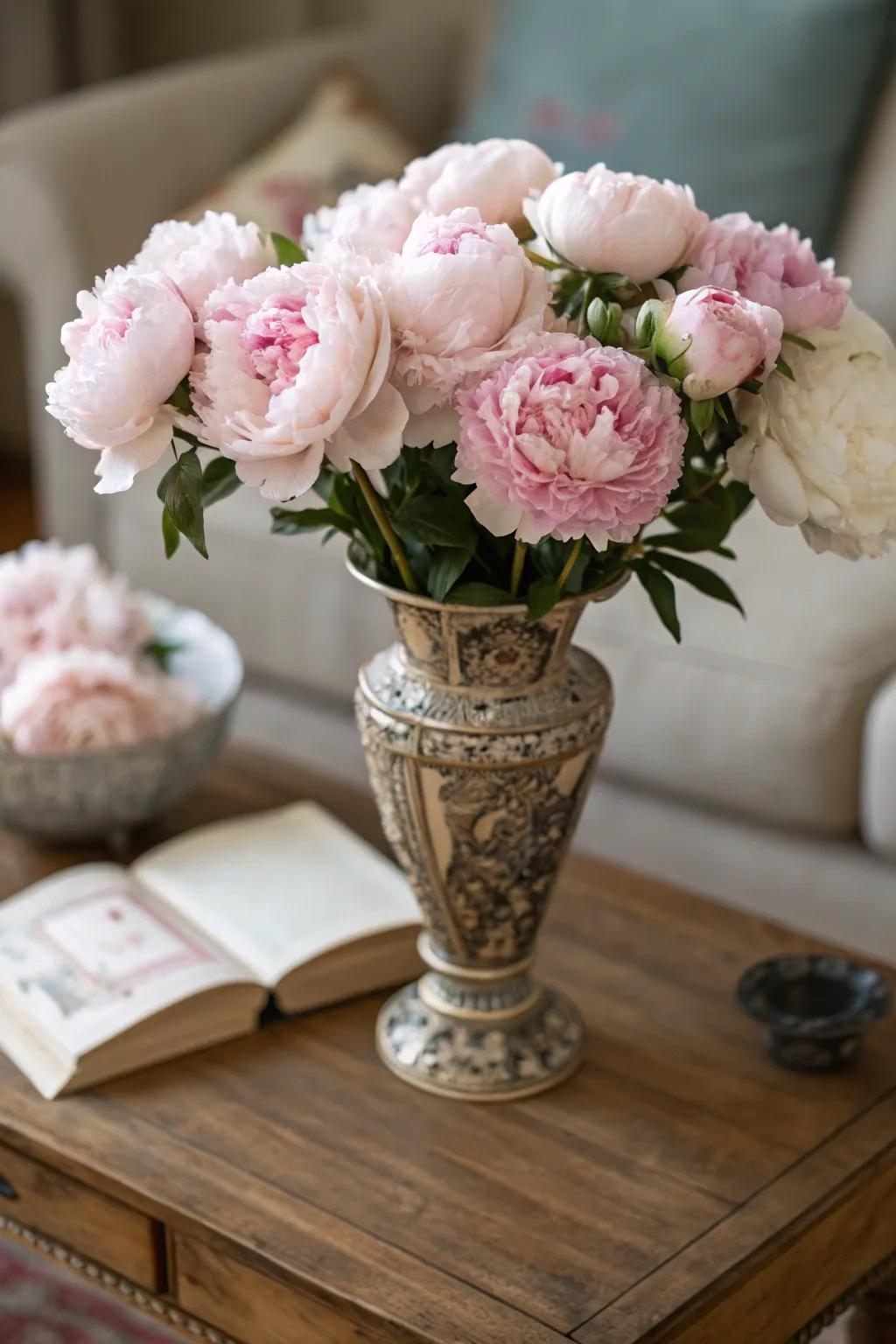 Stylish centerpiece exhibiting blush pink peonies