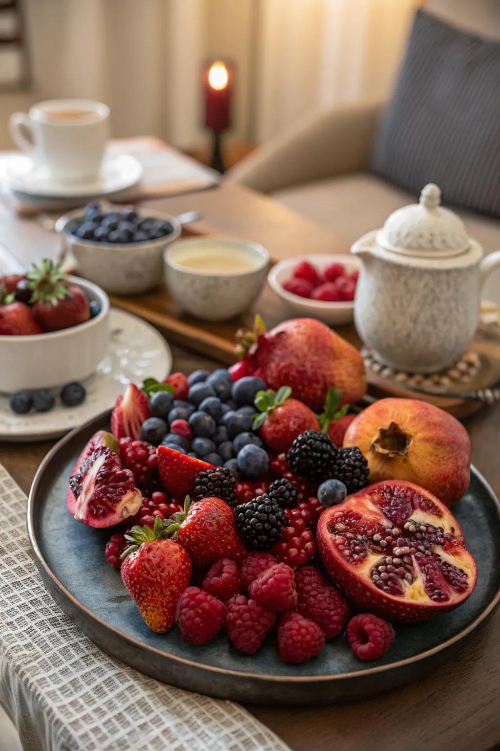 A vibrant seasonal orchard arrangement featuring berries and pomegranate.