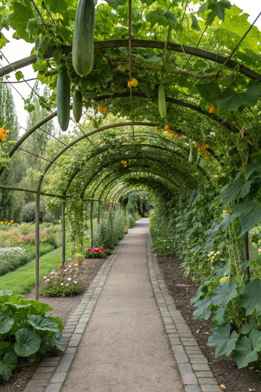 Elevated arches forge an enchanting garden walkway.