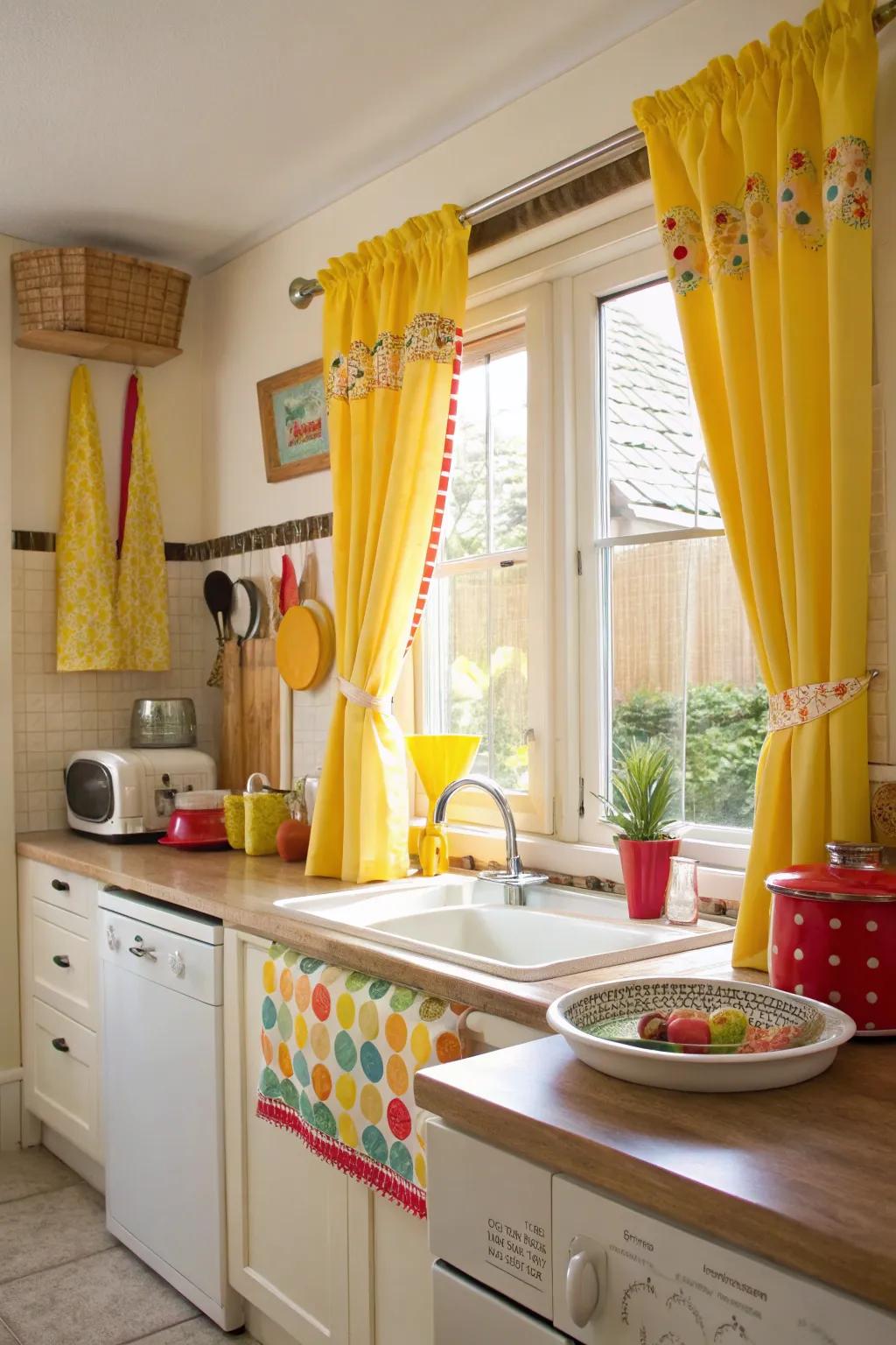 Yellow window coverings impart warmth and brightness.