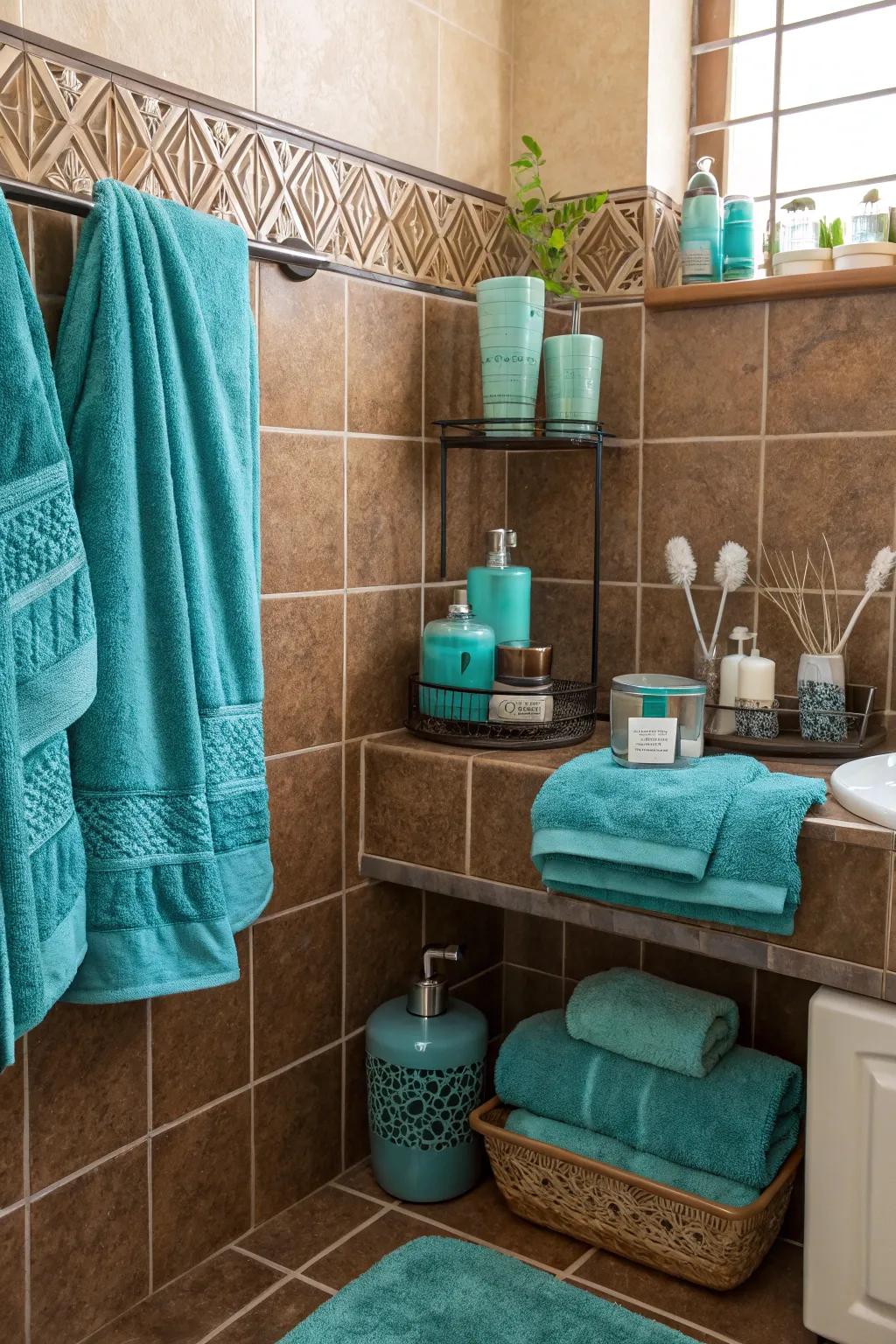 Feature colors like teal bring vibrancy to vintage brown tiles.