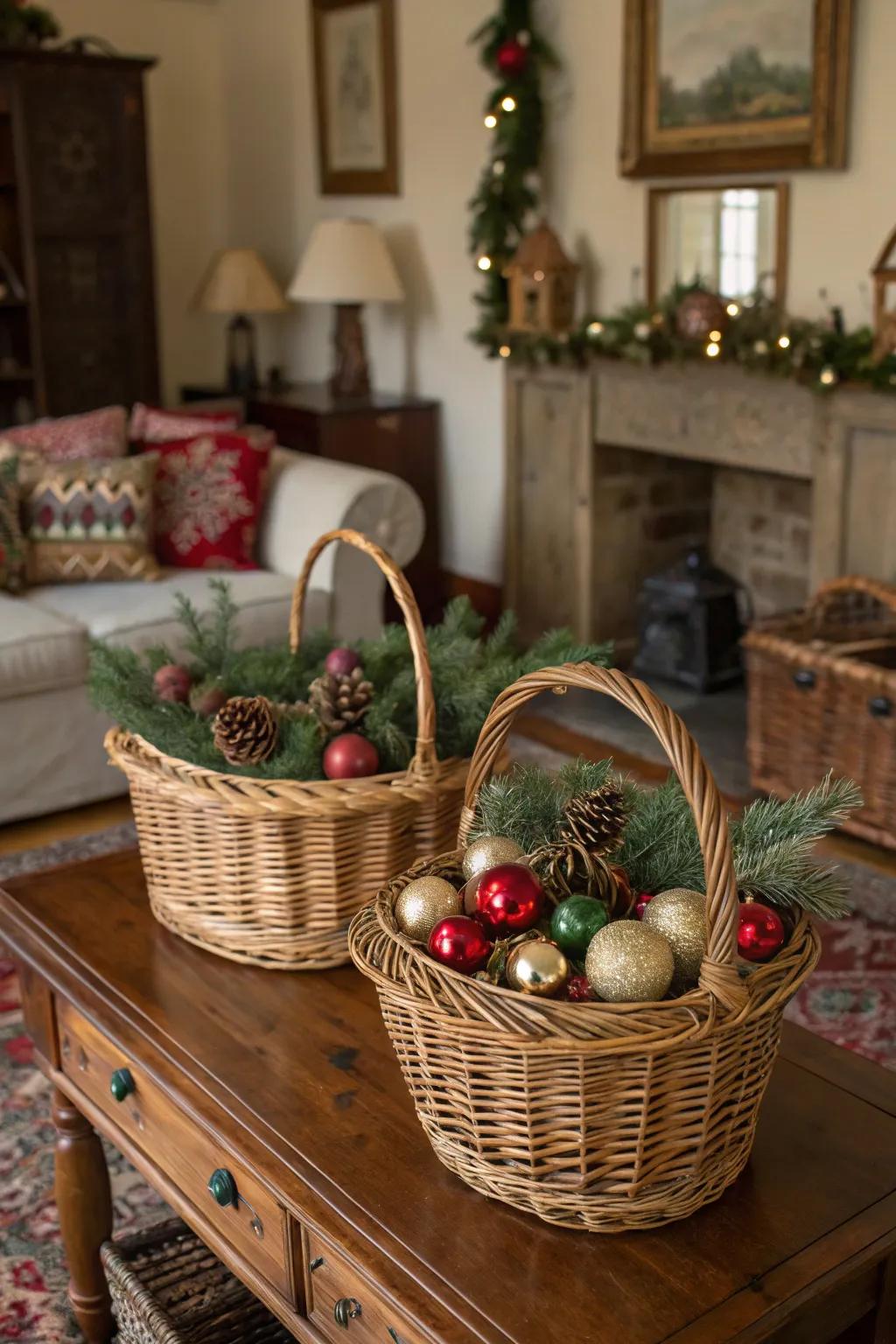 Wicker panniers append countryside charm to your festive embellishments.