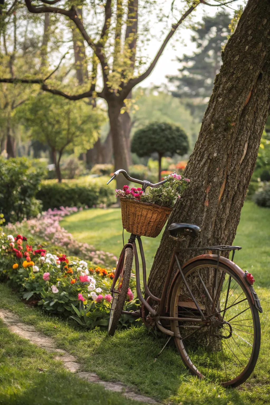 Bicycles introduce a playful charm to garden ornamentation.