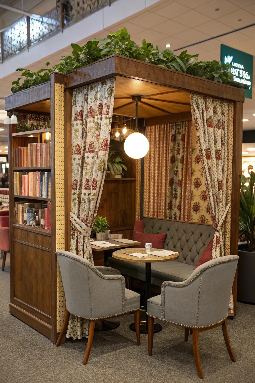 A seating spot encourages booth guests to unwind and linger longer.