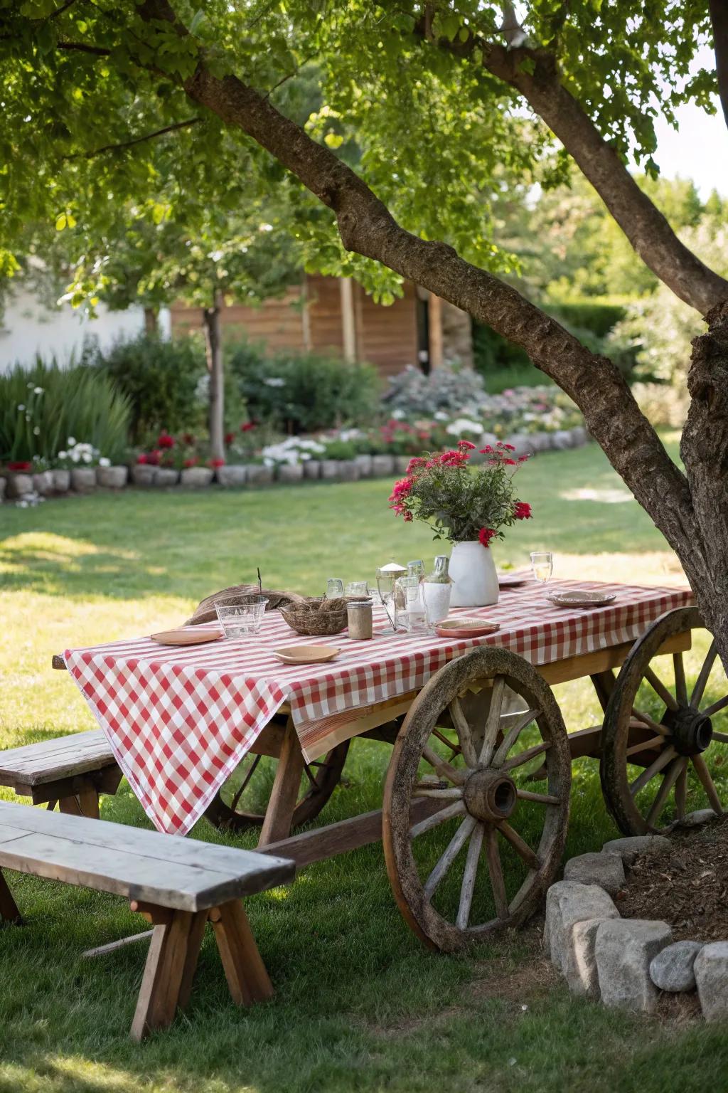 An outdoor picnic table showcasing cartwheels as its legs, offering country-style flair.