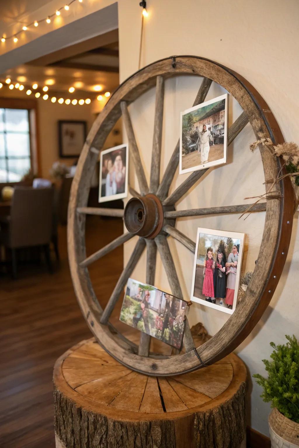 This cart wheel turns into a charming frame for valued memories.