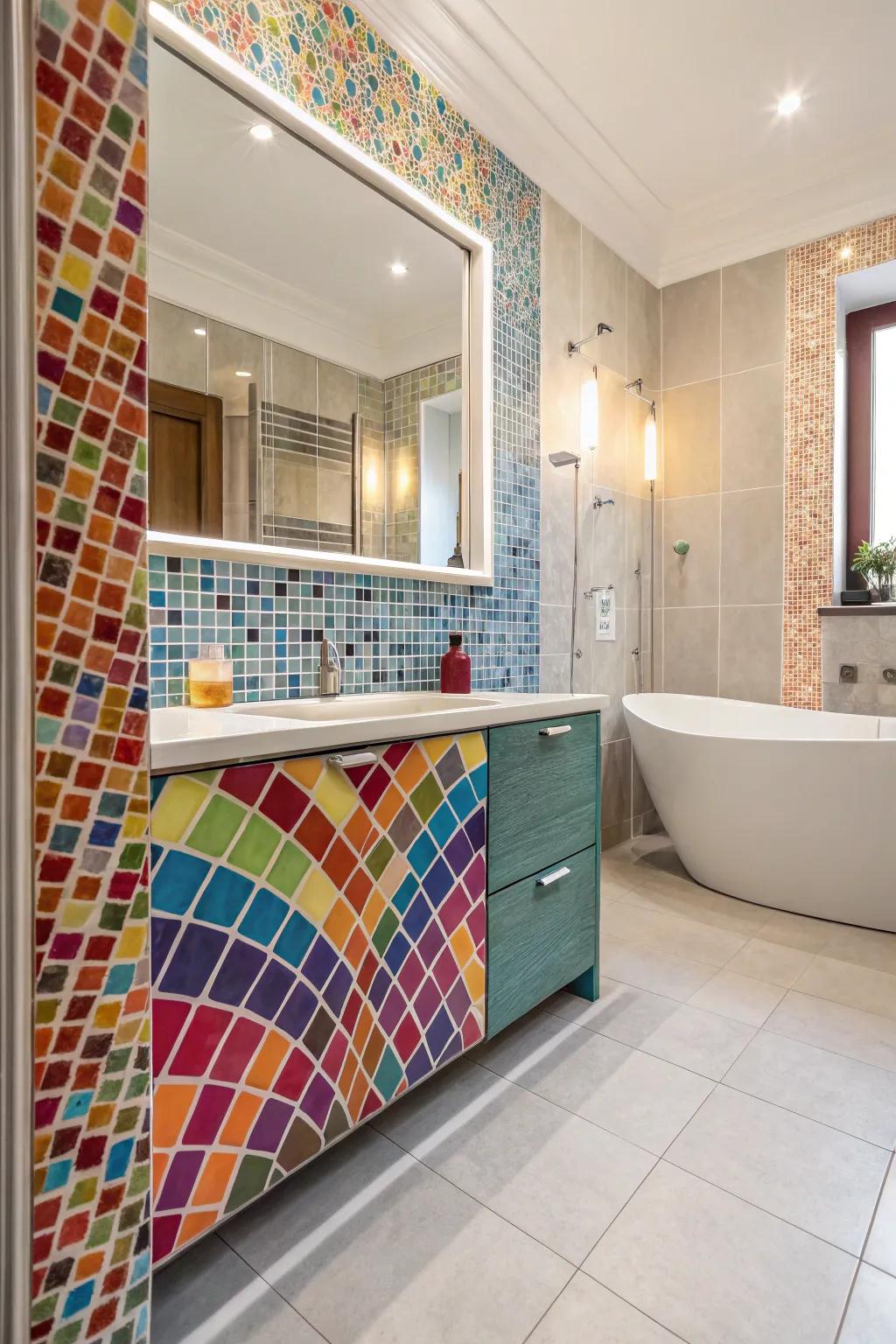 Mosaic tiles transform paneling into a creation of color and imagination.