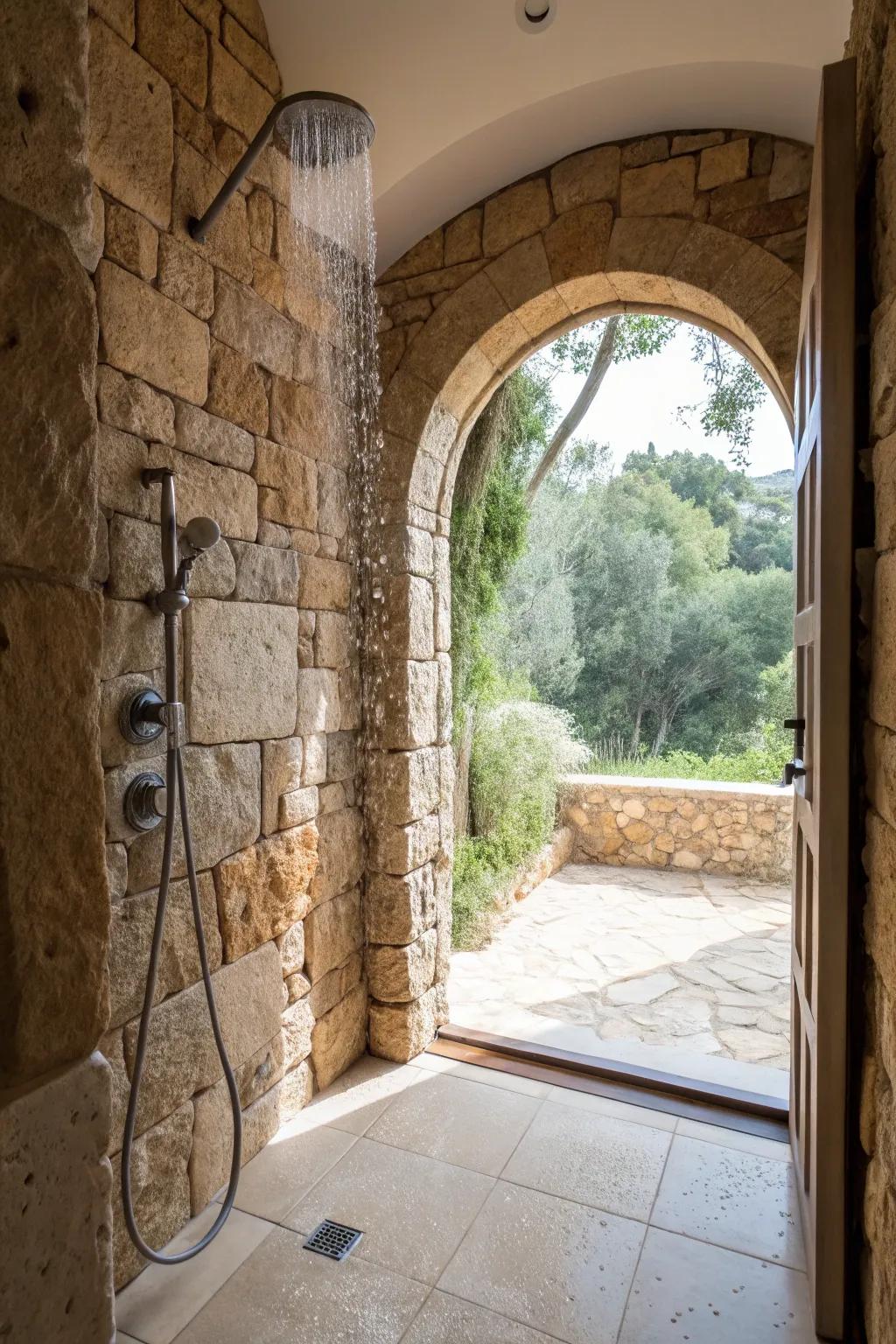 Shower featuring a curved stone doorway and natural lighting.