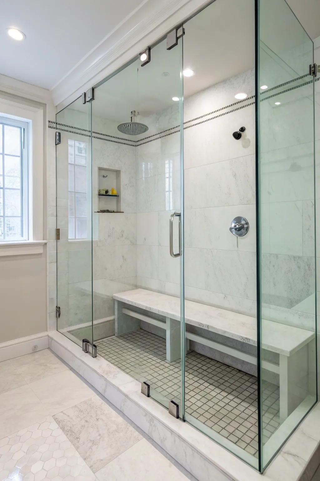 A minimalist glass bench makes the shower feel bigger and brighter.