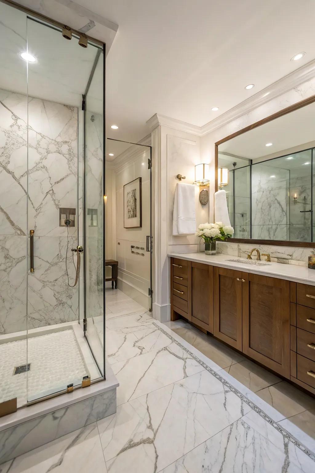 Glazed stone pieces fashion a luxurious and elegant shower space.