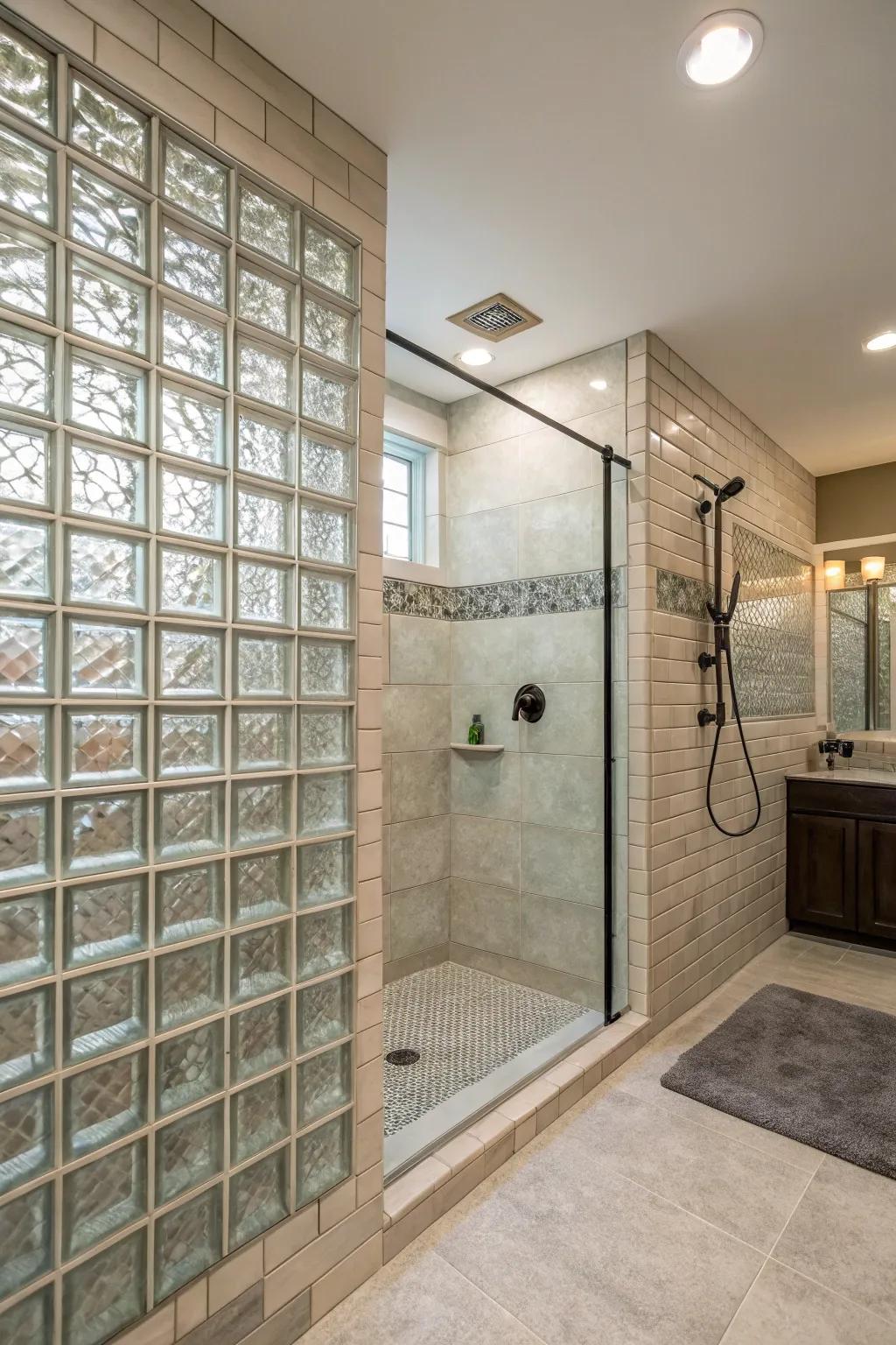Glass bricks provide texture and privacy in this stylish walk-in shower.