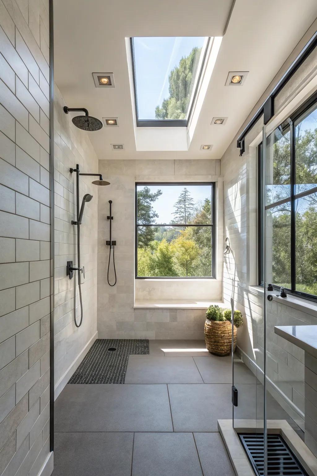 A high window above a walk-in shower, allowing light to stream in while ensuring privacy.