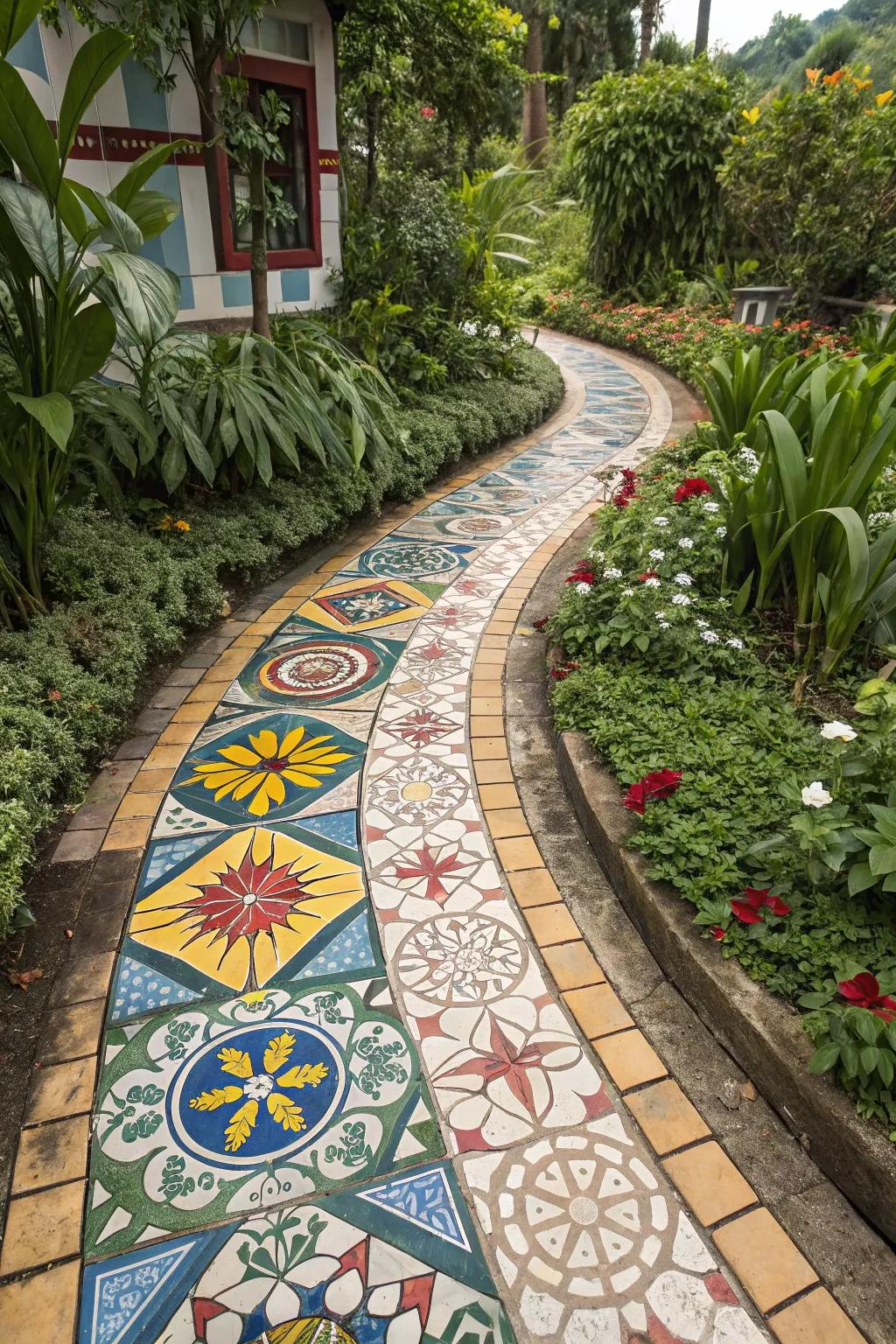 Tile mosaic routes add color and artistry to gardens.