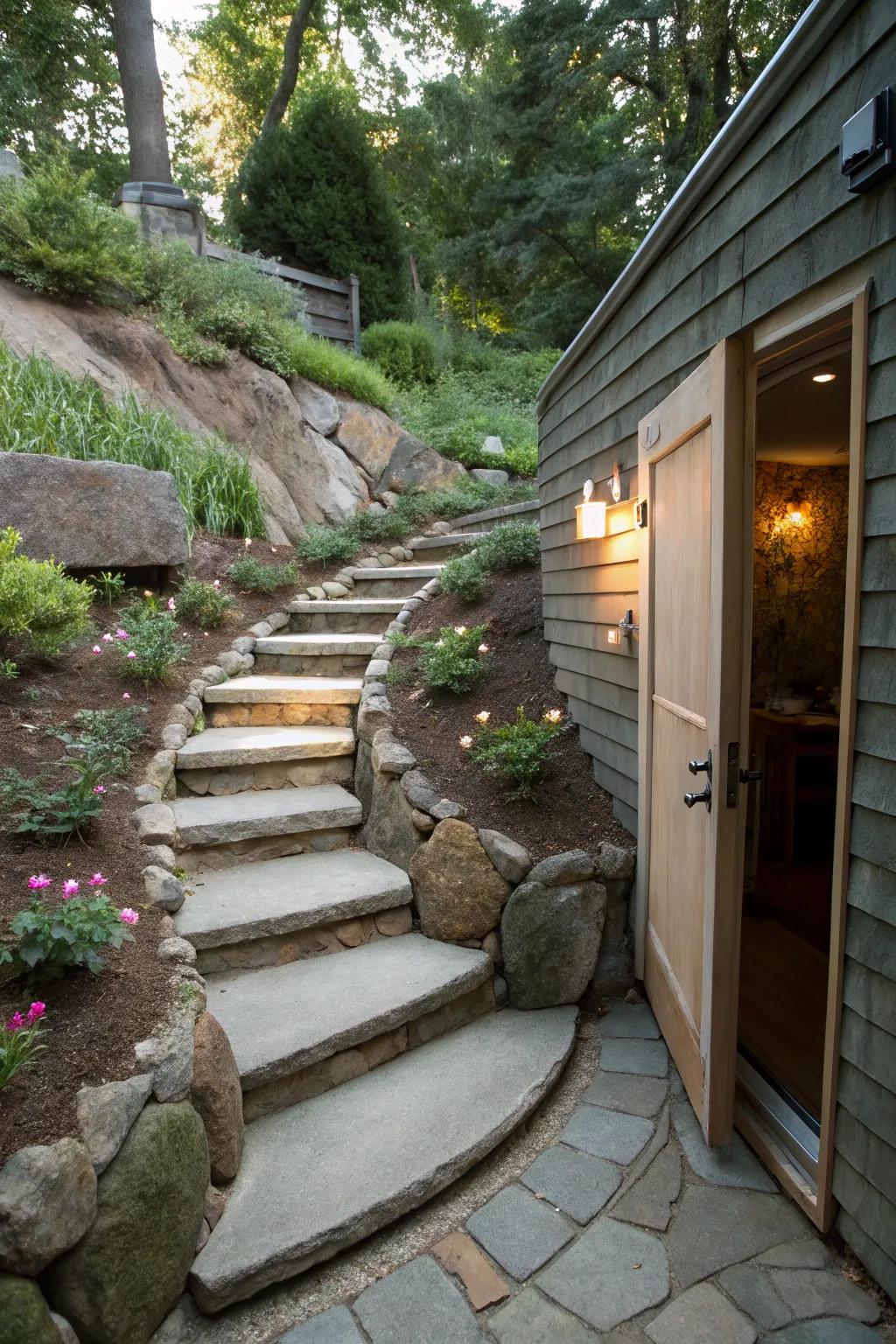 An artistic staircase creating a sophisticated transition.