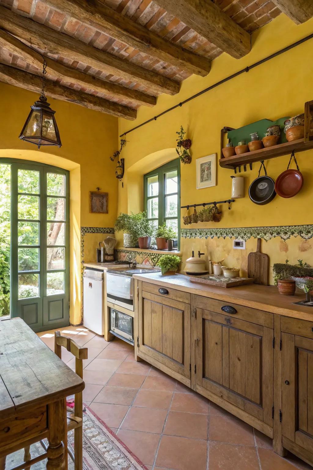 Cheerful and vibrant, featuring sunny walls and olive trim.