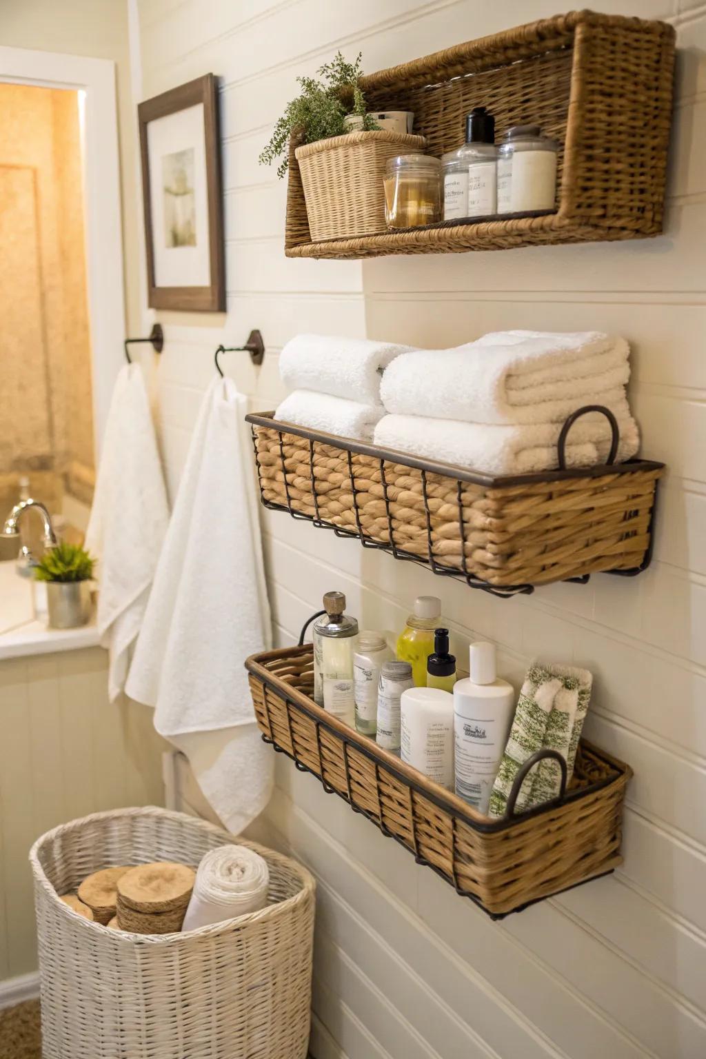 Basket walls in bathrooms add style and practicality.
