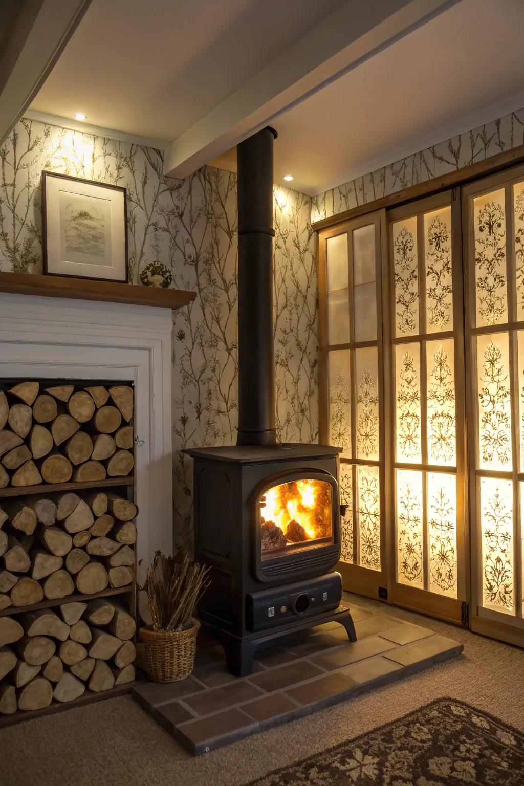 Backlit boards add depth and warmth to your wood-burning appliance area.