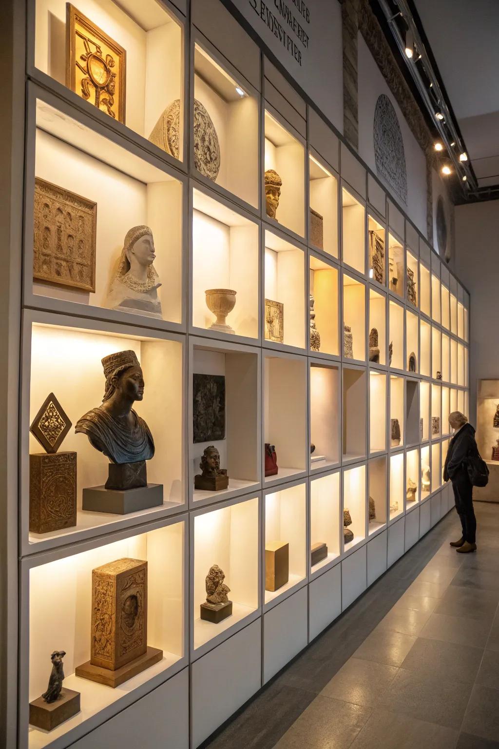 Establish an artistic gallery using wall cube displays.