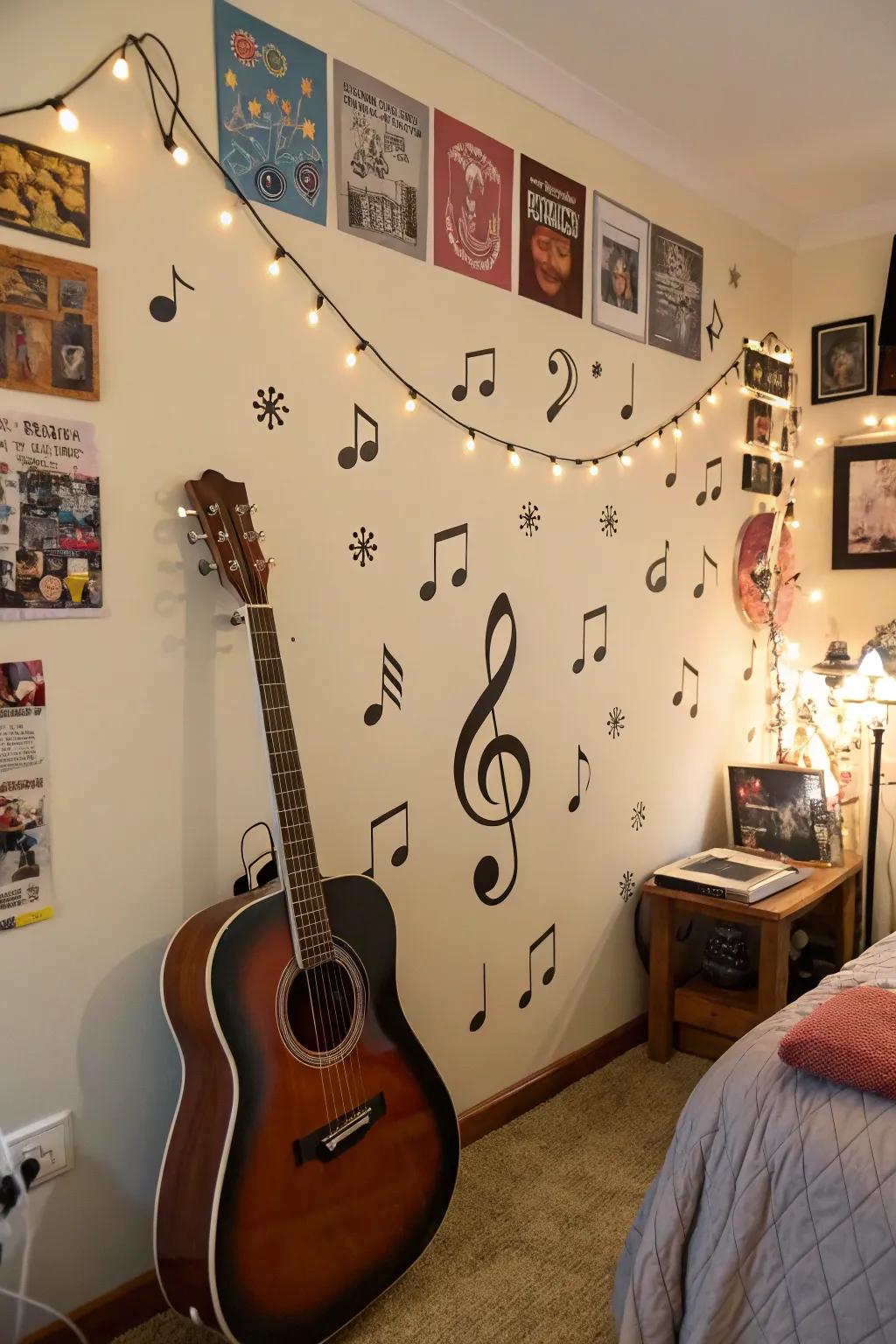 Musical appliqués add harmony to this music lover's bedroom.