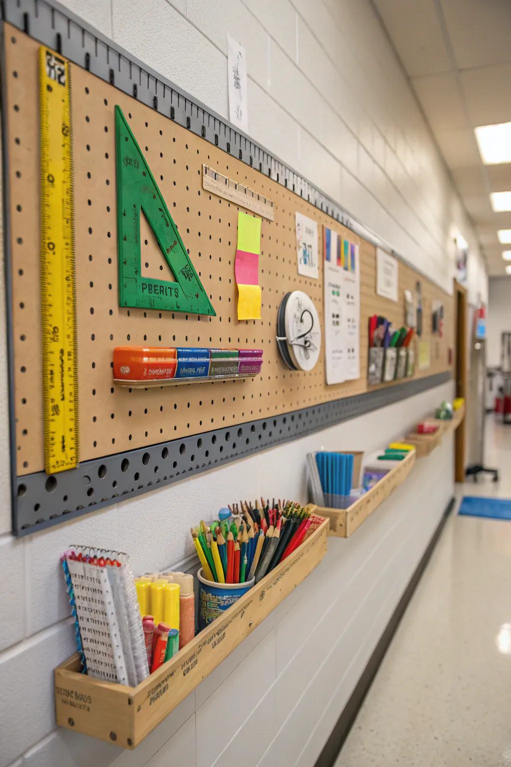 A functional pegboard featured on a school wall