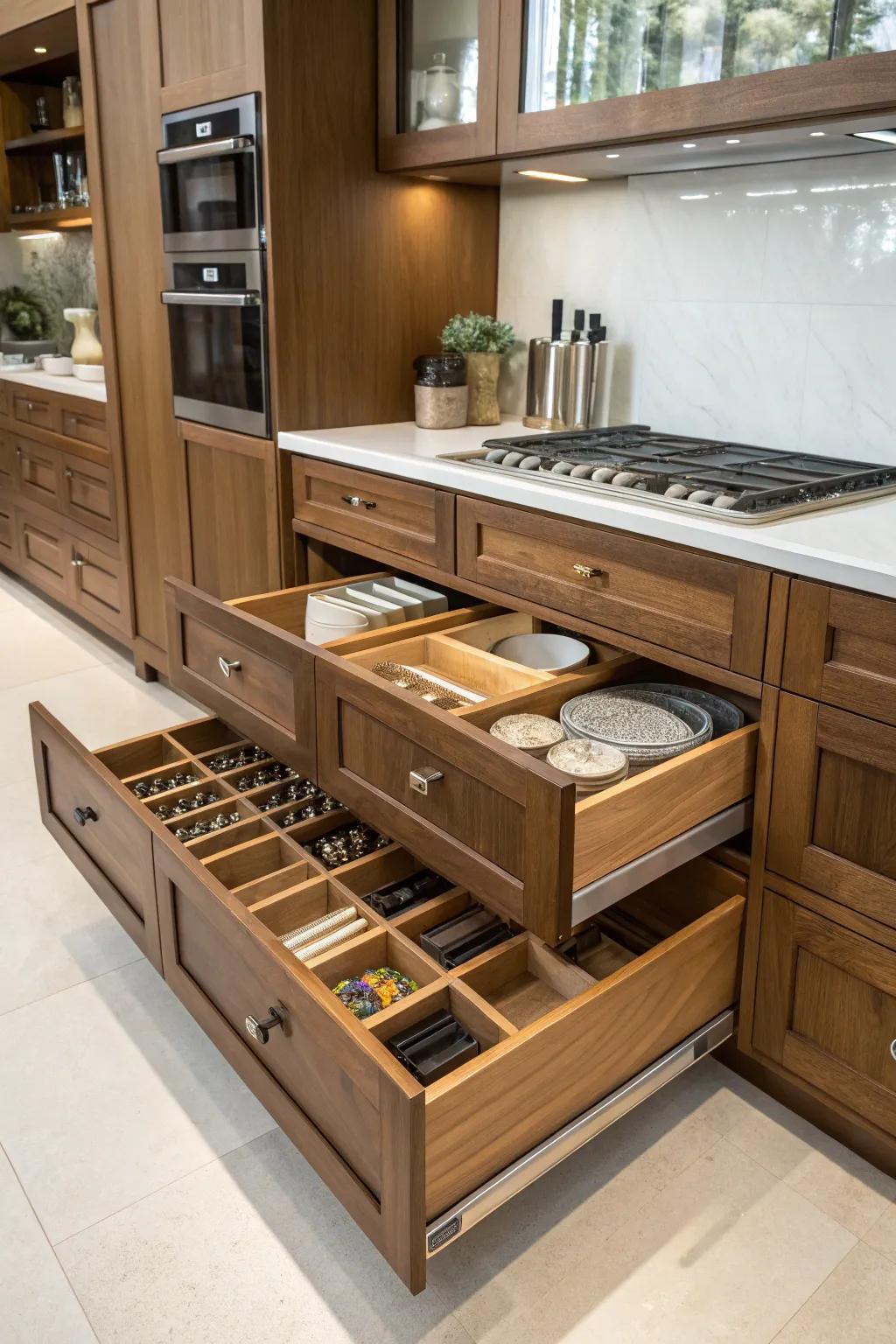 Smart storage keeps your walnut kitchen organized and chic.