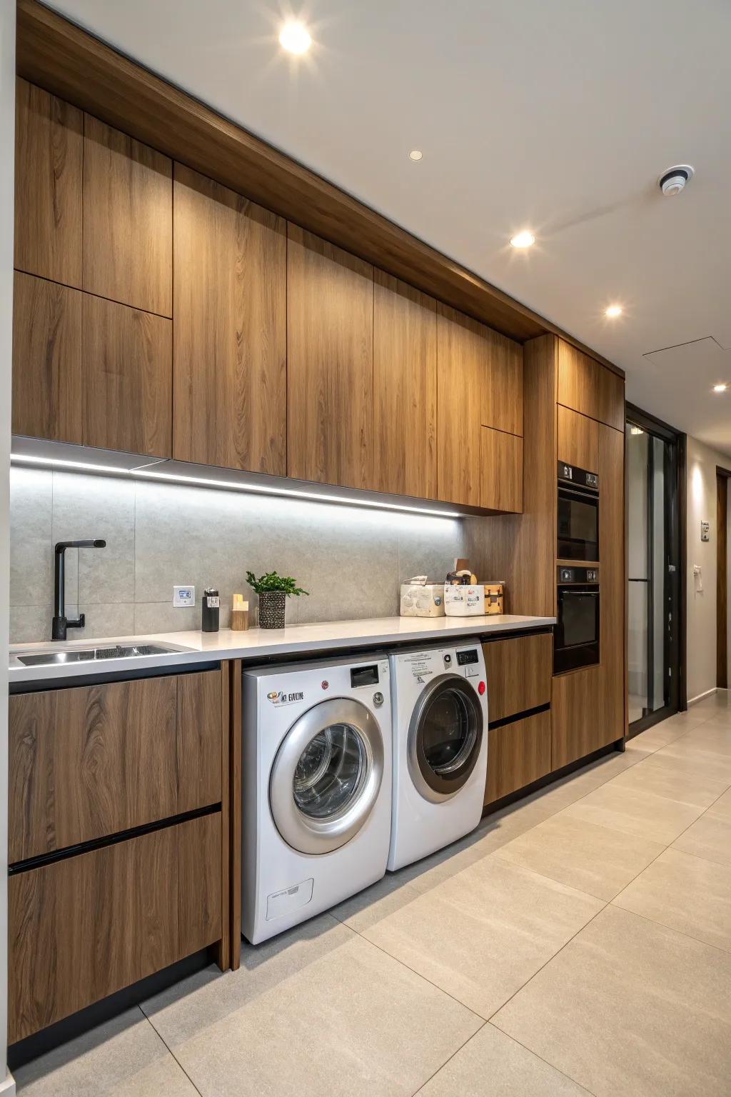 Clothes cleaning system blends in with kitchen cupboard work for a look that's all the same.